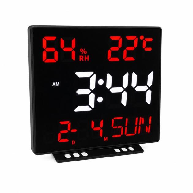 2301 Digital Calendar Clock 9 × 9 inch large display size Battery-less operation Displays time and calendar Displays temperature Displays humidity Clear and bright digital LED display