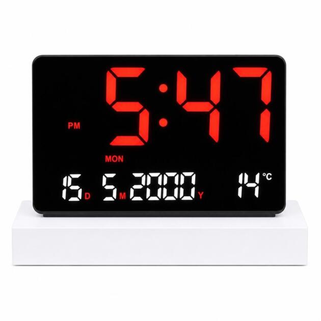 2317 Digital Calendar Clock Battery-less design 9 × 6 inch display size Clear and bright LED digital display Displays time and calendar information Easy-to-read display Suitable for wall mounting