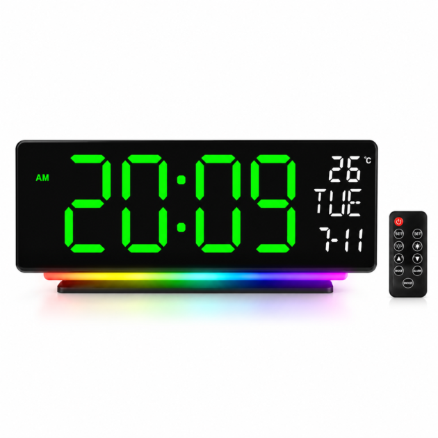 3211 Clock, Digital Calendar Clock, Battery Less Clock, Remote Control Clock, RGB Light Clock, LED Digital Clock, Digital Time Display, Calendar Display, Indoor Digital Clock
