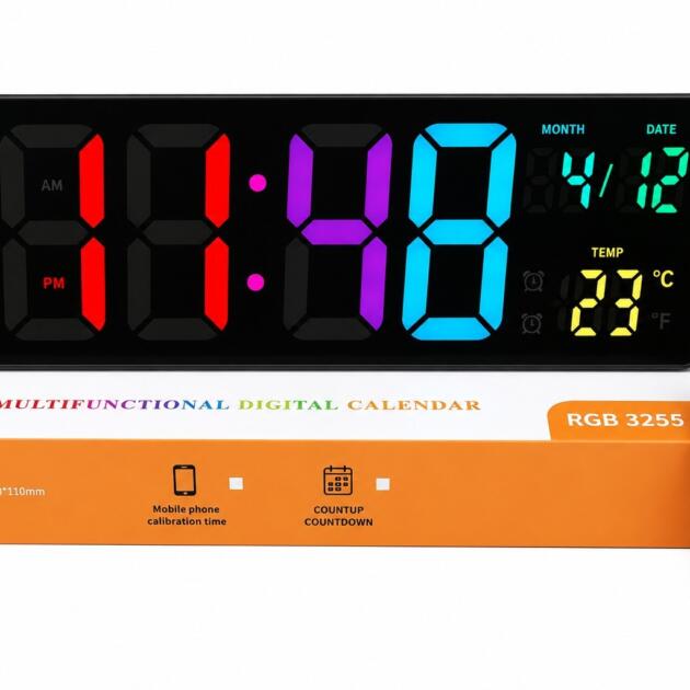 3255 RGB Remote control operation Display Size: 12 × 4 Inch RGB digital display 12-hour and 24-hour time format AM/PM indicator 5V DC power supply