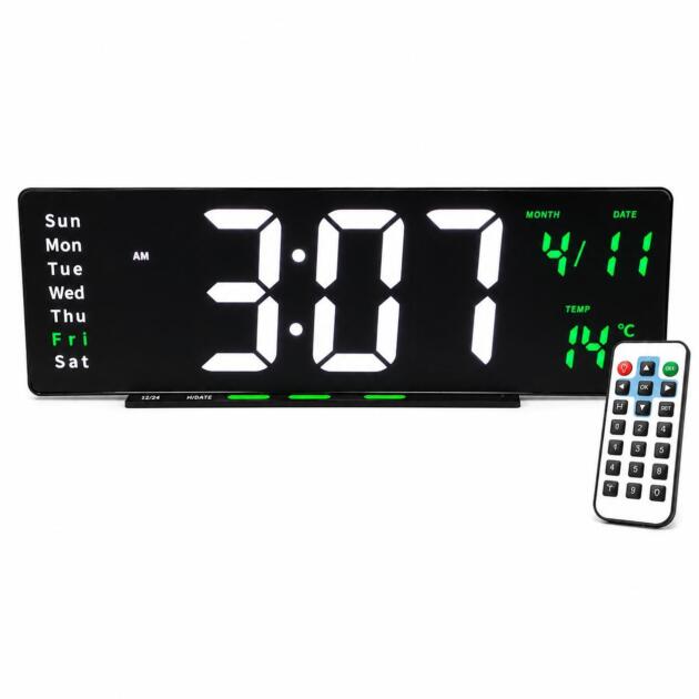 3266 Digital Calendar Clock Battery-less operation 12 × 4 inch size Clear and bright LED digital display Digital time and calendar information Easy-to-read from a distance Suitable for wall mounting