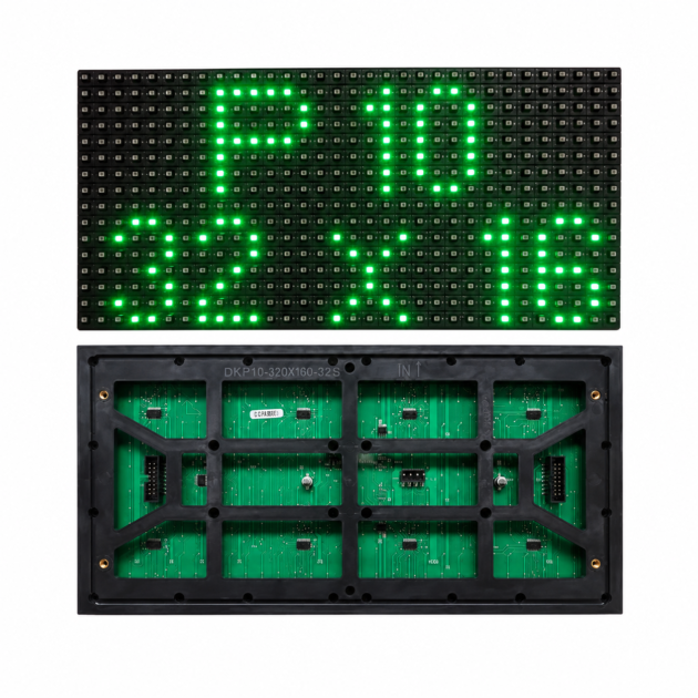 P10 SMD Indoor Green Colour LED Panel with a 16×32 pixel resolution and 12.5 × 6.25 inch panel size, designed for bright, clear indoor text and digital signage displays.