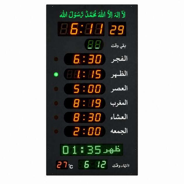 14 ×30 Inch display size Battery-less operation Remote control included Daily Islamic prayer time display Fajr, Dhuhr, Asr, Maghrib, and Isha prayer timings Azan alert function Islamic calendar display