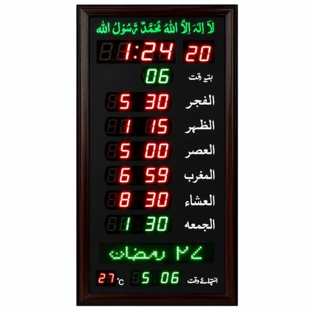 Digital Prayer Clock 14×30 Inch digital display RPG Colour LED display Battery-less operation Remote control included Islamic prayer time display Azan alerts and prayer notifications