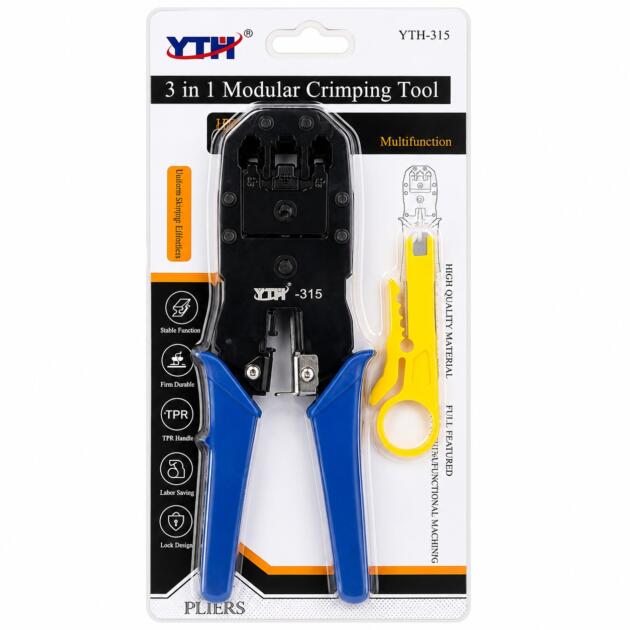 YTH 3-in-1 crimping, cutting and stripping functionality Suitable for RJ45 and RJ11 connectors Strong and durable construction Easy and comfortable to operate Ideal for network and telephone cable installation Compact design for convenient handling